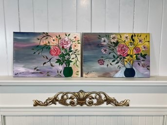 Two Signed Still Life Oil On Canvas - Flowers In Vase