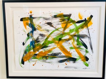 Signed, Framed Abstract Mark Zimmerman Acrylic On Paper - Untitled (Orange, Green And Black)