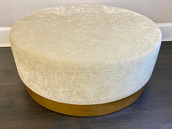 Sand Linen Round Ottoman On Wood Base - Linen Shows Signs Of Use