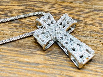 1.04ctw Round White Zircon Rhodium Over Sterling Silver Cross Pendant With Chain