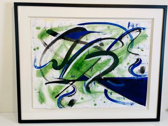 Signed, Framed Abstract Mark Zimmerman Acrylic On Paper - Untitled (Blue, Green And Black)