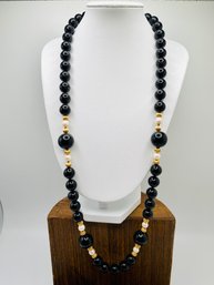 Black And White Pearl Necklace With Gold Beads - 25 Inch