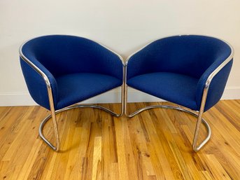 Pair Of Vintage Blue Upholstered And Chrome Armed Chairs