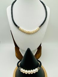 Leather And Pearl Necklace And Bracelet