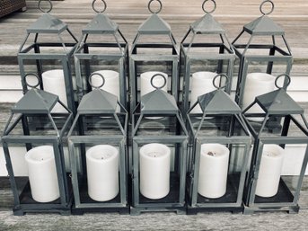 Collection Of 10 Candle Lanterns - Metal And Glass - With Electric Candles (not Tested)