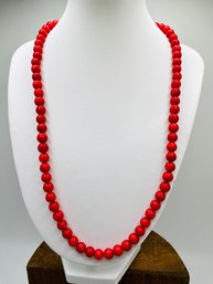 6mm Round Red Sponge Coral Rhodium Over Sterling Silver Bead Strand Necklace - 18
