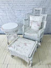 Three Piece Painted Wicker Set  Chair, Ottoman And Side Table