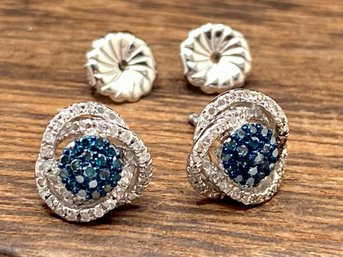 Blue And White Zircon Sterling Silver Cluster Earrings