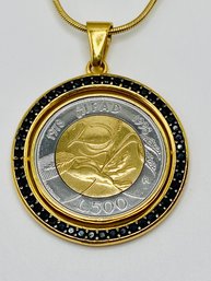 Bellezza 500-Lira Coin Black Spinel Bronze Flip Pendant With 24 Chain