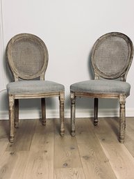Pair Of Vintage French Wood Frame, Fabric Seat & Cane Back Side Chairs