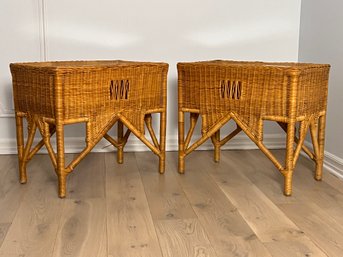 Pair Of Woven Wicker & Glass Side Tables