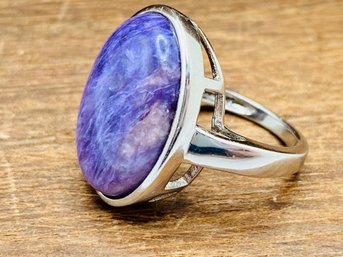 Oval Purple Russian Charoite Rhodium Over Sterling Silver Ring - Size 6