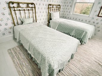 Pair Of Twin Beds With Antique, Ornate Brass Headboards And Beckley Mattresses