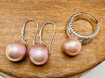 Pink Cultured Kasumiga Pearl With Bella Luce Sterling Silver Dangle Earrings And Ring - Size 4
