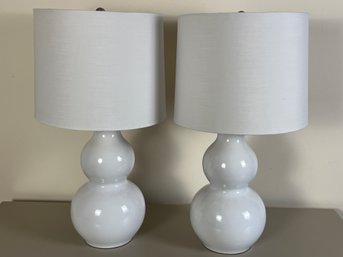 Pair Of Crate & Barrel White Ceramic Lamps With Linen Shades