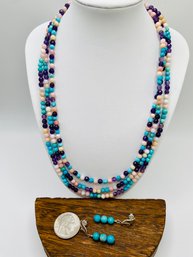 18' Turquoise, Pearl And Amethyst Layered Necklace With Kingman Turquoise Dangle Earrings