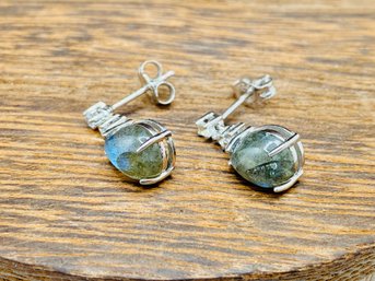 8x6mm Pear Shaped Gray Labradorite And White Zircon Rhodium Over Sterling Silver Dangle Earrings