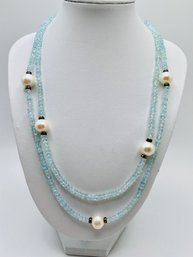Blue Santa Maria Aquamarine 36' Beaded Necklace With 7 White Pearls