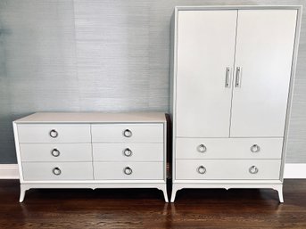 Grey Wood Bedroom Set - 6 Drawer Dresser And Clothing Armoire With Brushed Metal Pulls