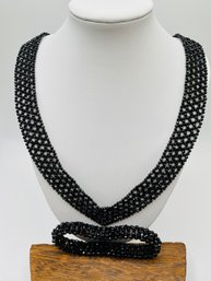 Black Spinel Rhodium Over Silver Bead Necklace 160.00ctw With Black Spinel Stretch Bracelet 75ctw - Size 6