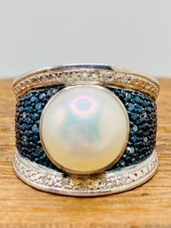 10.5-11mm White Cultured Freshwater Pearl With .20ctw Blue & White Diamond Rhodium Over Silver Ring