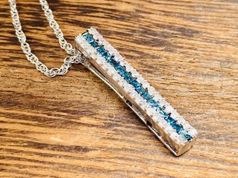 .44ctw Baguette Blue And Round White Diamond Rhodium Over Sterling Silver Pendant With 18 Chain