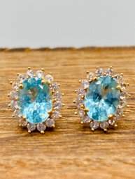 2.80ctw Oval Blue Apatite And .45ctw Round White Zircon 14k Yellow Gold Earrings