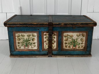Hand Painted Antique Wood Chest With Metal Strapping & Wrought Iron Side Handles