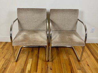 Pair Of Vintage Taupe Ultra Suede And Chrome Armchairs