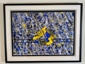 Signed, Framed Abstract Mark Zimmerman Acrylic On Paper - Untitled (blue, Yellow And Black)