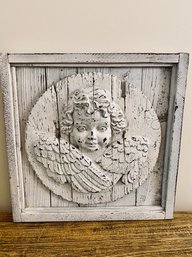 Distressed Painted White Wood Carved Medallion - Cherub Motif