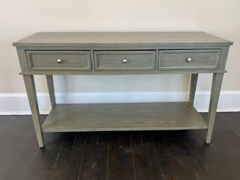 Painted Grey Wood Safavieh Three Drawer Console Table - Top Shows Signs Of Wear