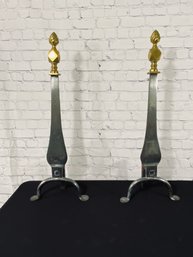 Stainless Steel & Brass Andirons With Three Metal Fireplace Tools