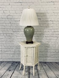 Ceramic Lamp With Wood Base, Cream Shade, And Cream Painted Wicker Side Table