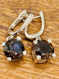 5.60ctw Round Smoky Quartz Sterling Silver Dangle Earrings