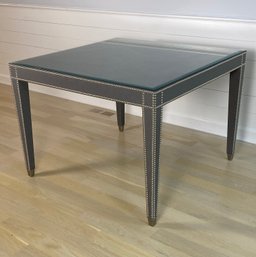 Stunning Kravet Table With Beveled Glass Top, Leather Wrapped Legs, And Nailhead Detail