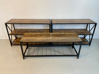 Pair Of Modern Wood And Metal Console Tables And Metal And Wood Bench