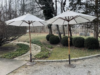 Pair Of Frontgate White Patio Umbrella With Brown Painted Metal Weighted Base
