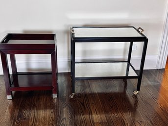 Baker Furniture Pieces - Bar Cart On Wheels With Tray With Tempered Glass Shelves And Dark Wood Tray Table