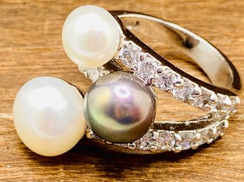 Cultured South Sea And Tahitian Pearl With White Zircon Rhodium Over Sterling Silver Ring - Size 6