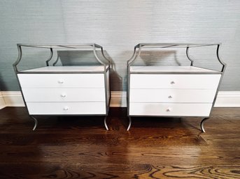 Pair Of 3 Drawer Tiered Nightstands - White And Metal With Curved Leg