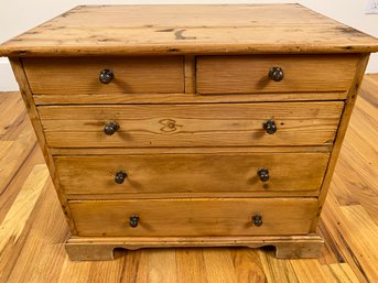 Antique Pine Wood Side Table With 5 Drawers And Brass Pulls