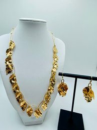 Set Of Gold Plated 925 Silver Leaf Necklace And Dangle Earrings - 18 Inches