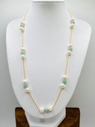 18' GP Over Silver Chain With Pearls And Jadeite