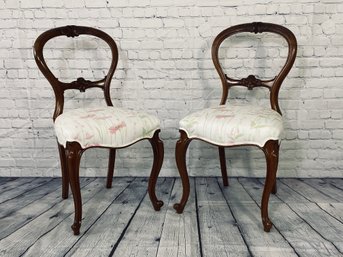 Pair Of Wood & Floral Upholstery Side Chairs With Ornate French Detail