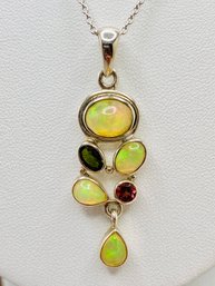 Artisan Collection Of India, Ethiopian Opal With Purple And Green Tourmaline Silver Pendant And Chain