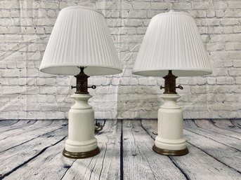 Pair Of Ceramic And Brass Lamps With Traditional Detail And White Shades