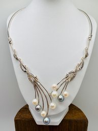 Cultured South Sea And Tahitian Pearl With White Zircon Rhodium Over Sterling Silver Necklace