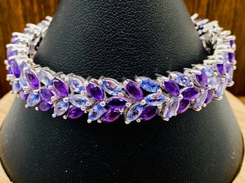 8.34ctw Marquise African Amethyst & 7.51ctw Marquise Tanzanite Rhodium Over Silver Bracelet - Size 7.5