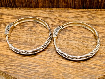 Pair Of Sterling Silver Leaf Patterned Hoop Earrings